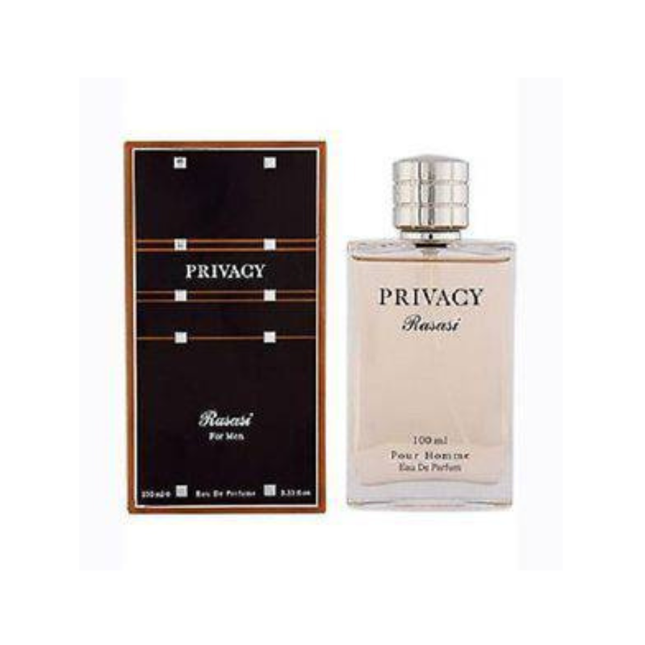 Rasasi Privacy for Men Eau De Parfum 100ml bottle, elegant design with a sleek, modern look.