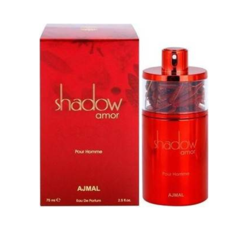 Ajmal Shadow Amor for Men Eau De Parfum 75 ML bottle with sleek design and dark packaging.