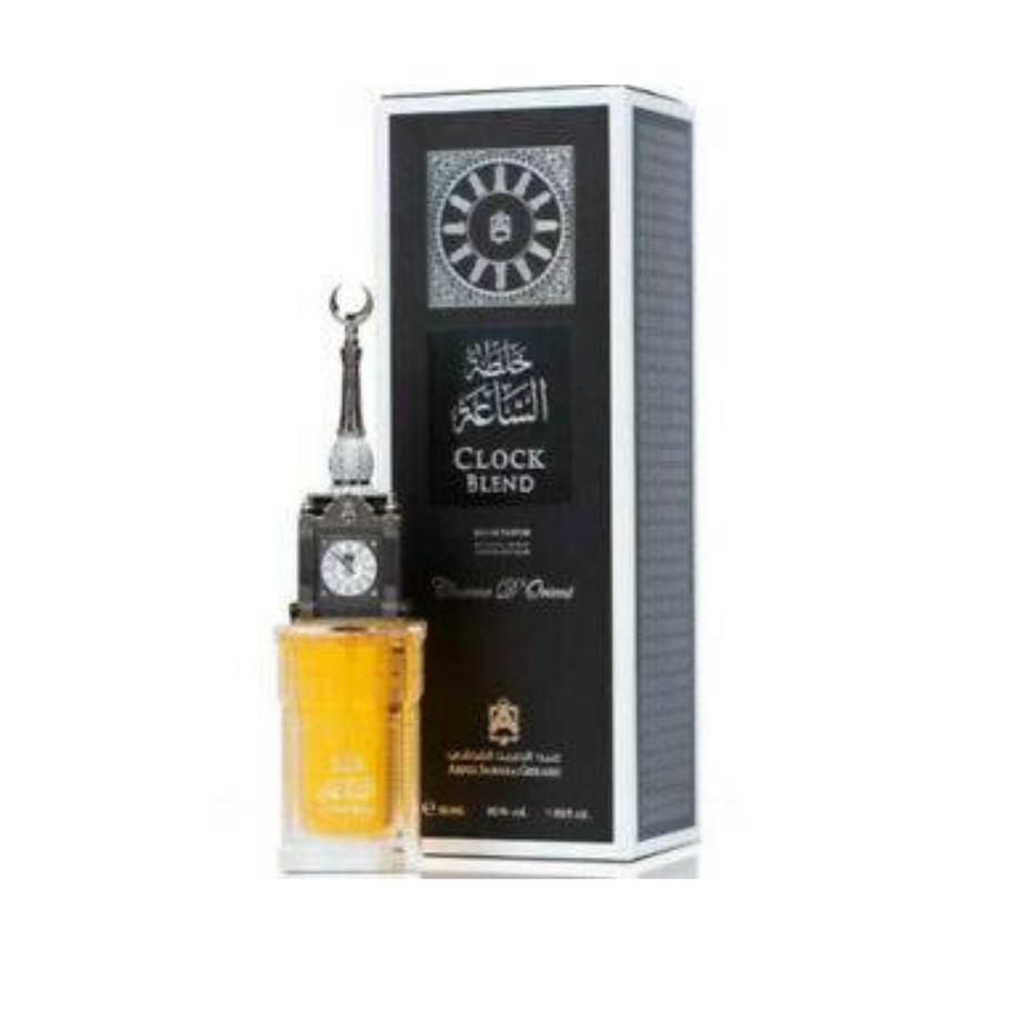 Abdul Samad Al Qurashi Clock Blend EDP fragrance bottle, 50ml, with elegant packaging and detailed label visible.