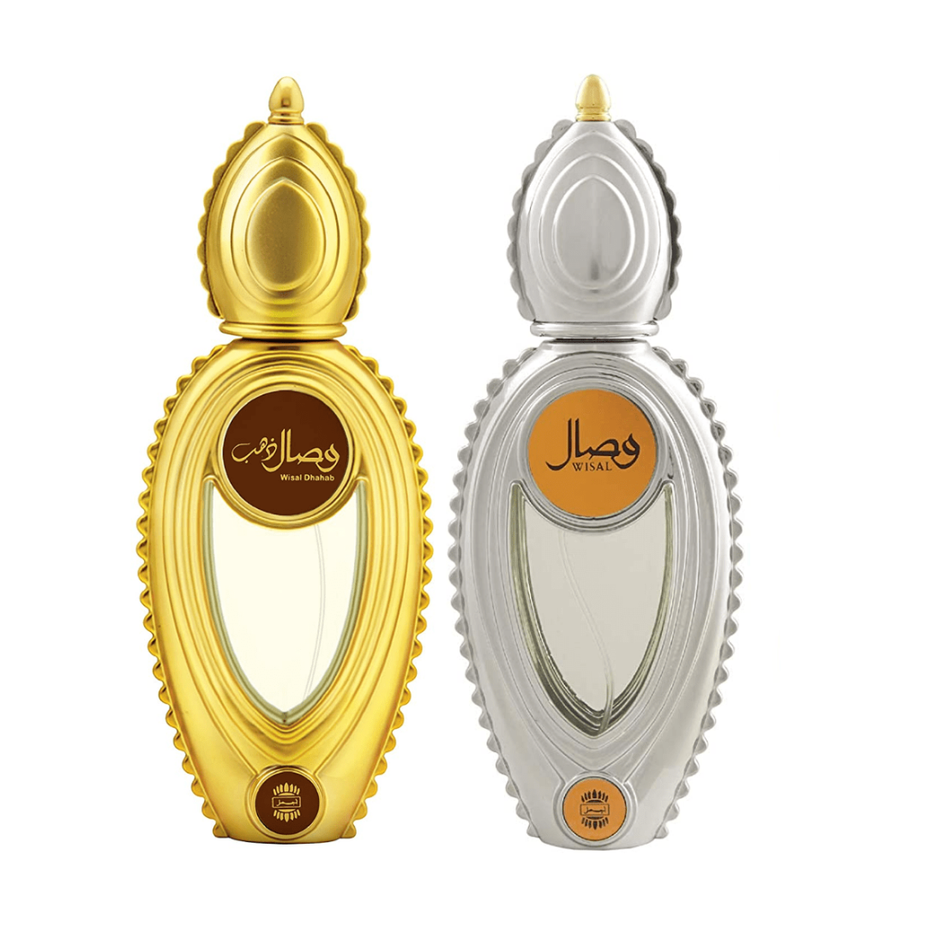 Wisal EDP Eau de Parfum Complete Series set by Ajmal, featuring two elegant perfume bottles with floral and oriental scent notes.