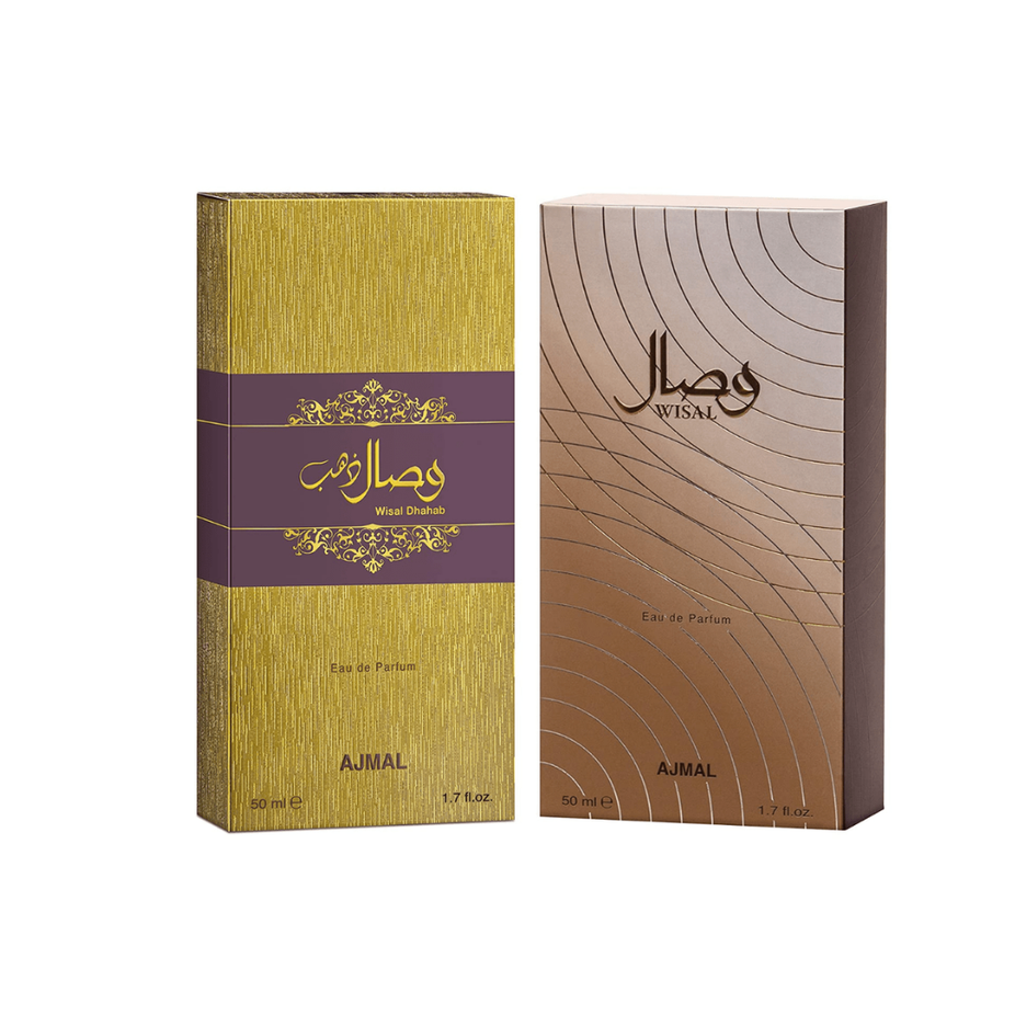 Wisal EDP complete set by Ajmal showing two elegant Eau de Parfum bottles with decorative packaging.