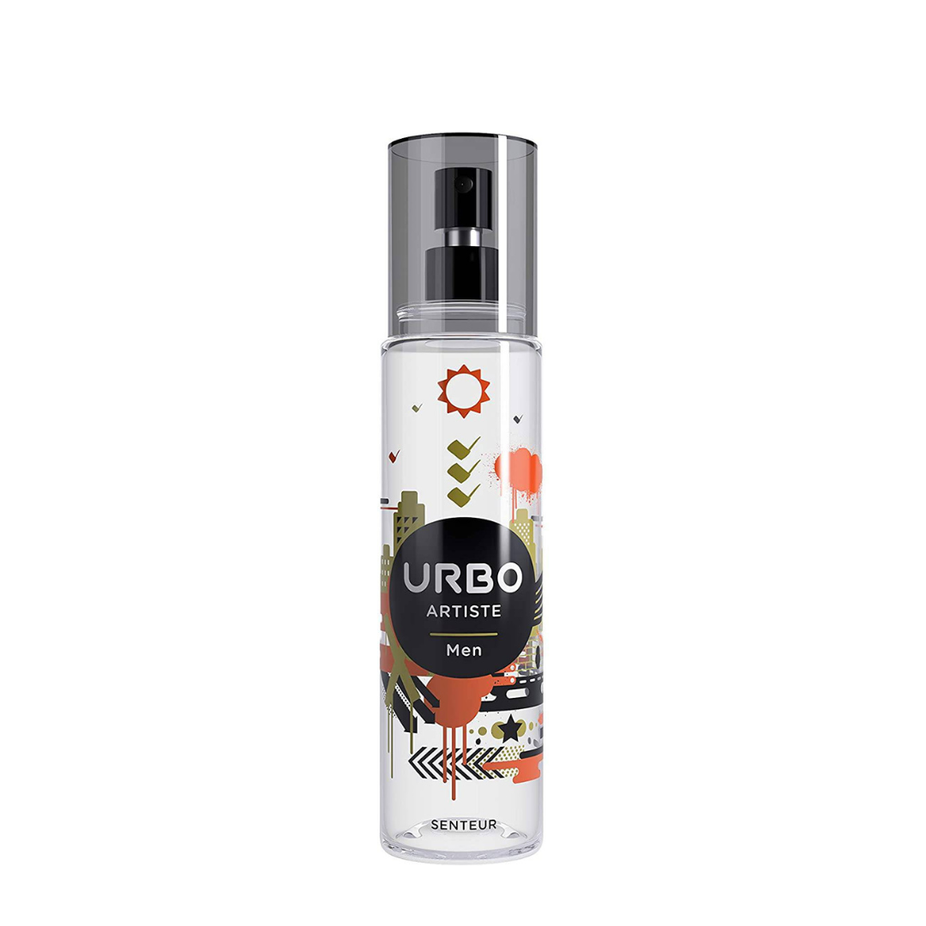 Urbo 6-piece body spray collection including Artiste, Reveller, and Freestyler body mists for men and women, displayed on a white background.