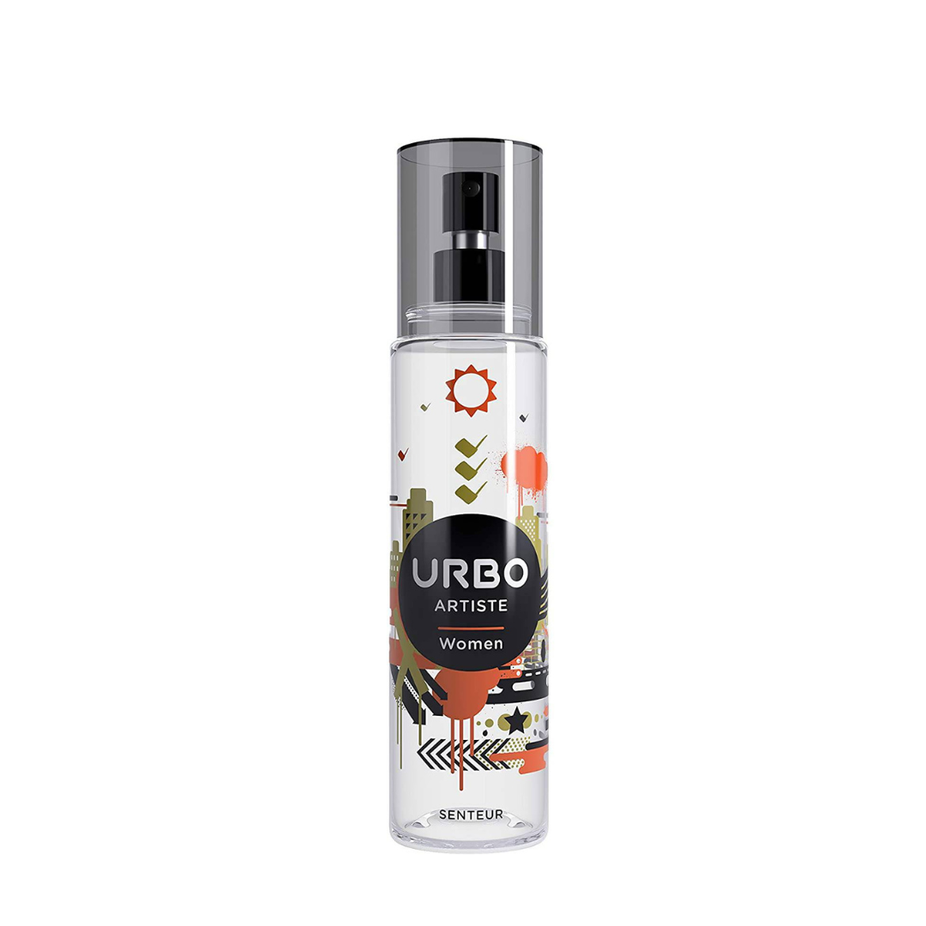 Urbo 6-piece body spray collection featuring men's and women's body mists like Artiste, Reveller, and Freestyler.