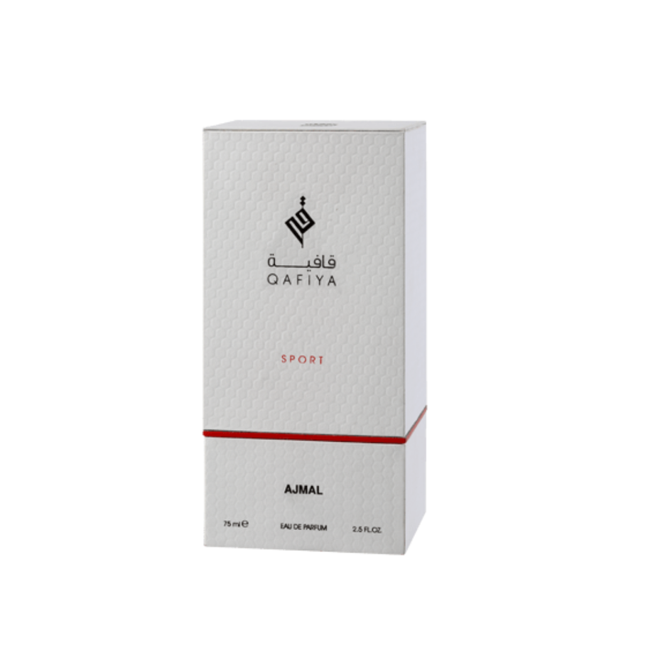 Ajmal Qafiya Sport Unisex Eau De Parfum 75ml spray bottle with sleek design and modern branding.