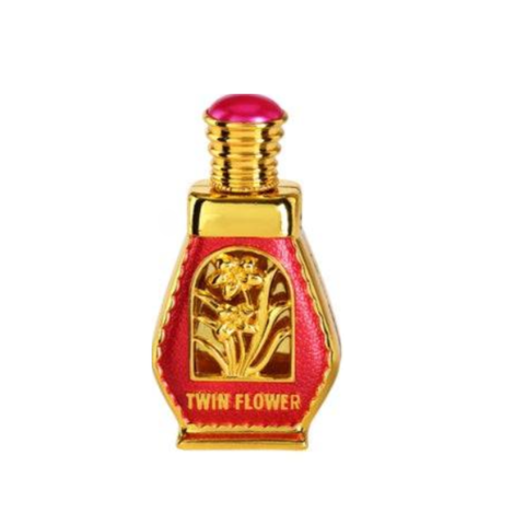 Al Haramain Twin Flower perfume oil in 15ml bottle with velvet pouch, concentrated perfume oil with floral fragrance.