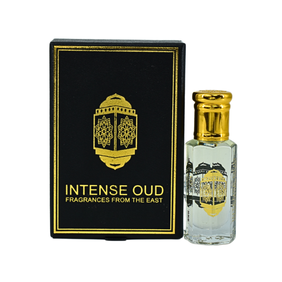 Intense Oud Cool Bleu men's perfume oil in 12ml bottle with black gift box, featuring a sleek loose oil design.