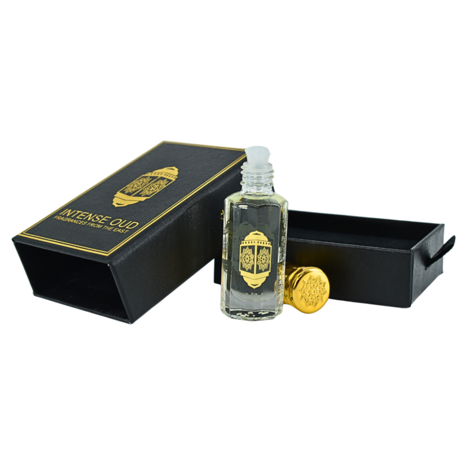 Intense Oud Cool Bleu men's perfume oil in 12ml bottle with black gift box, featuring a sleek, transparent glass container.