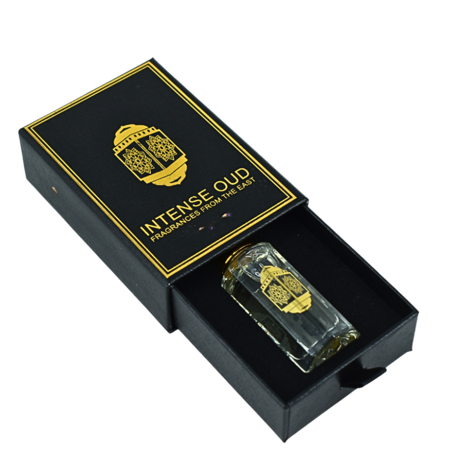 Intense Oud Cool Bleu men's perfume oil in a 12ml bottle with black gift box, featuring a sleek, transparent container with blue liquid.