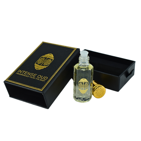 Black Extasy Men perfume oil by Intense Oud in a 12ml bottle with black gift box, featuring a sleek, dark-colored loose oil packaging.
