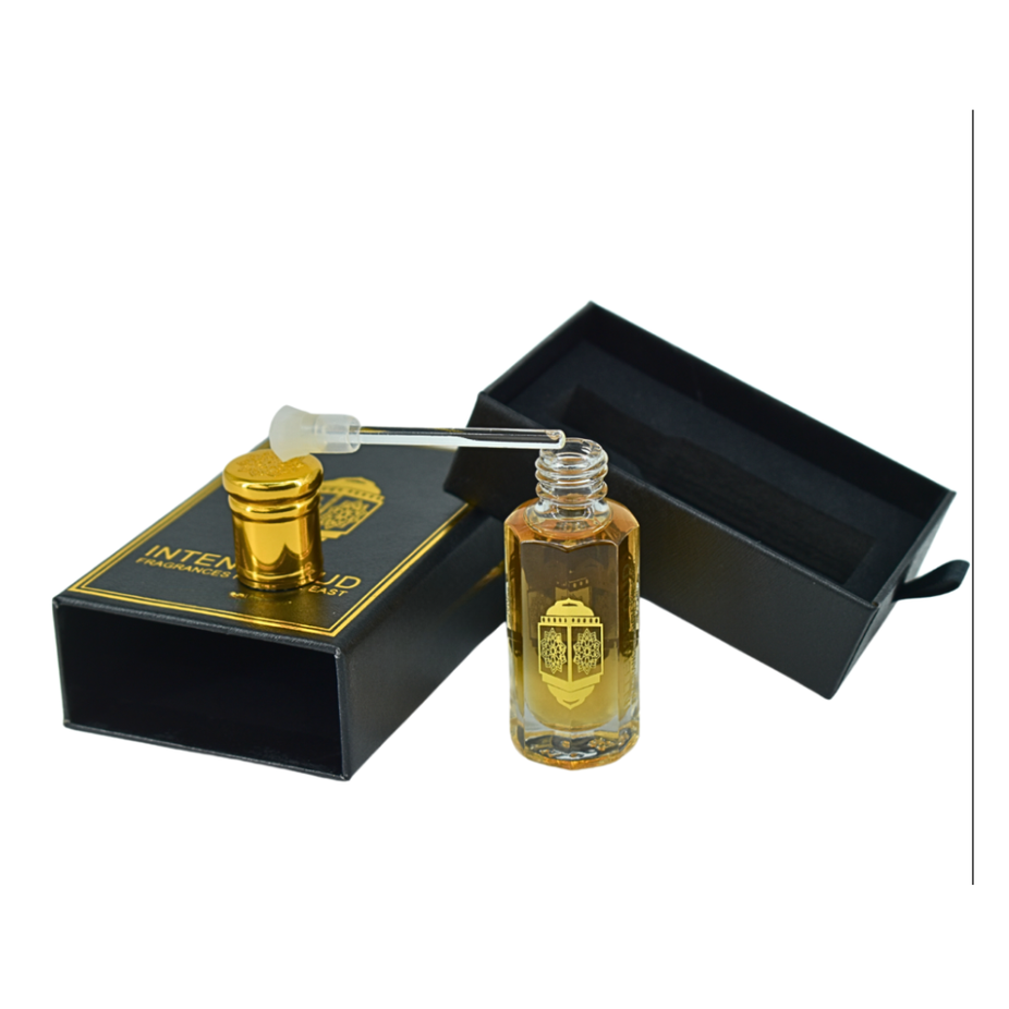 Intense Oud Attar Full Men Perfume Oil in 12ml bottle with black gift box, showcasing the luxurious loose oil packaging.