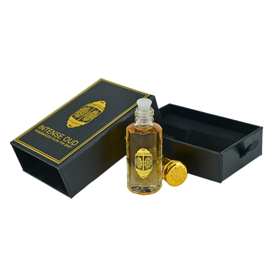 Intense Oud Attar Full Men Perfume Oil in 12ml bottle with black gift box, showcasing the sleek glass container and elegant packaging.