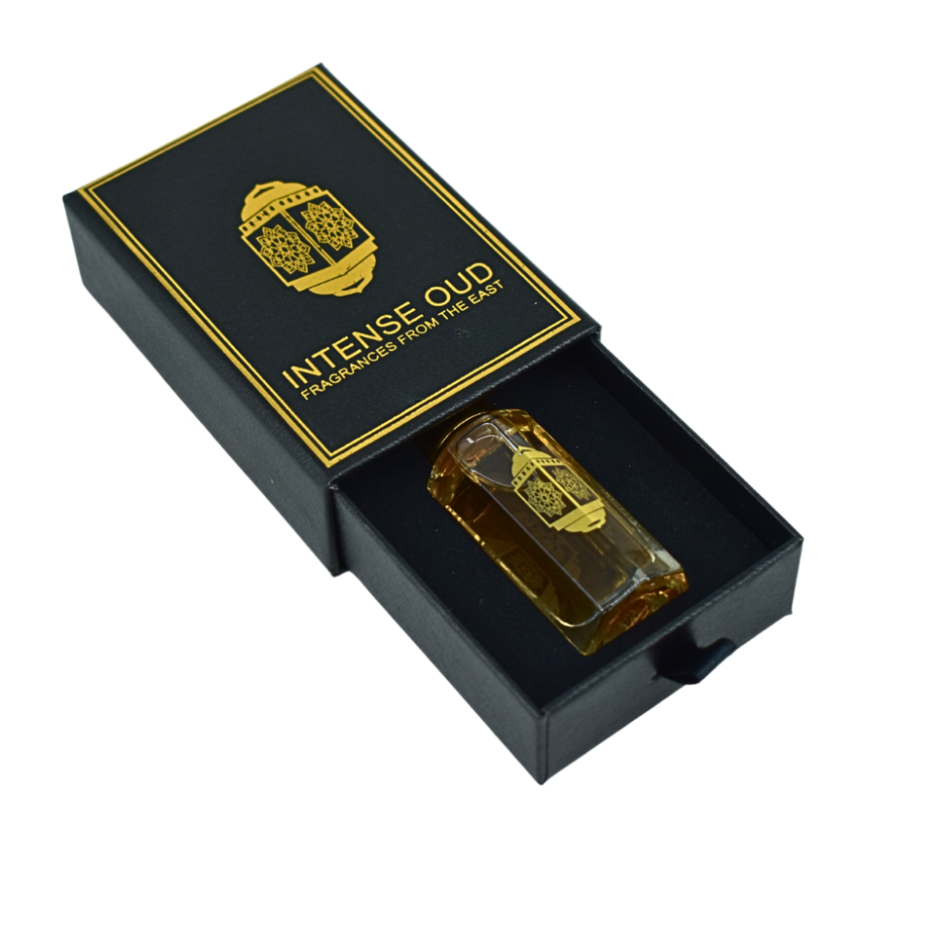 Intense Oud Attar Full Men Perfume Oil 12ml in black gift box, featuring luxurious loose fragrance oil for men