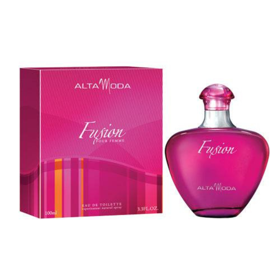 Alta Moda Fusion for Women EDT 100 ML in a velvet pouch, featuring elegant packaging and sleek bottle design.
