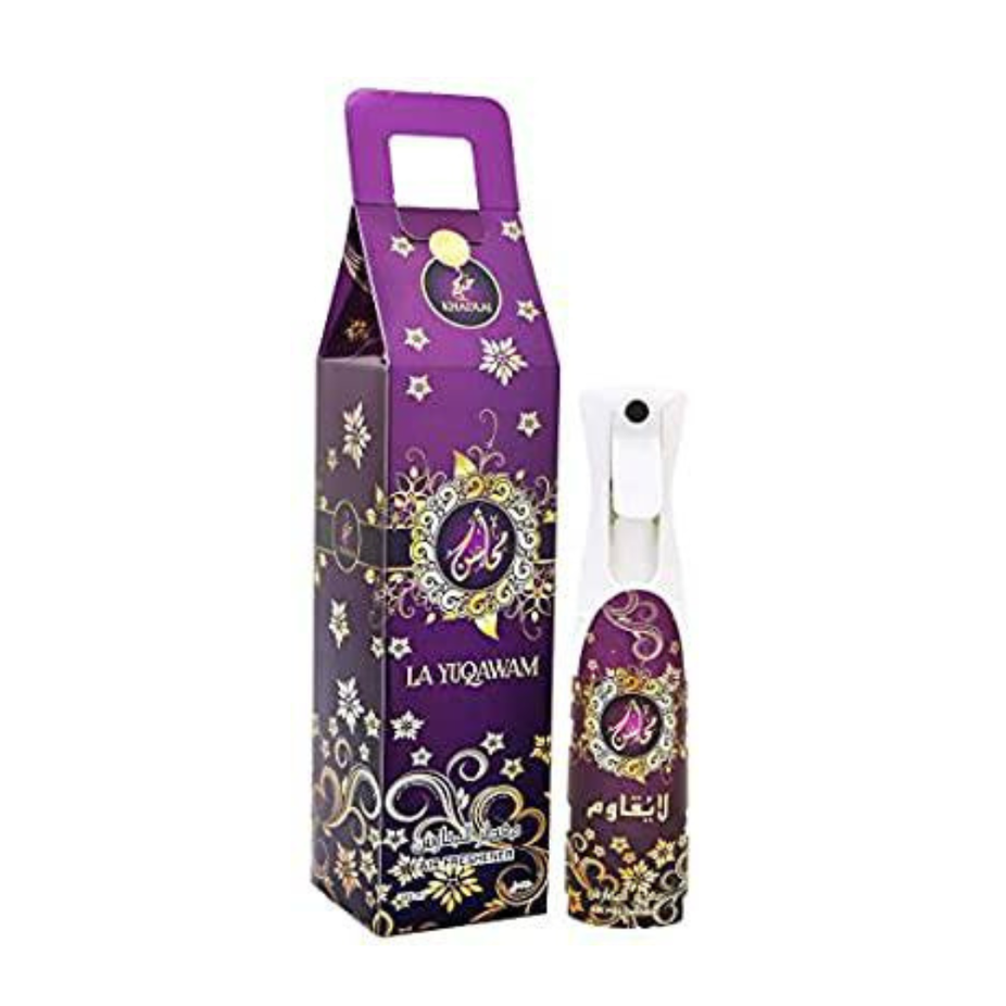 Khadlaj La Yuqawam air freshener bottle, 320ml, with elegant design and fragrance for freshening indoor spaces