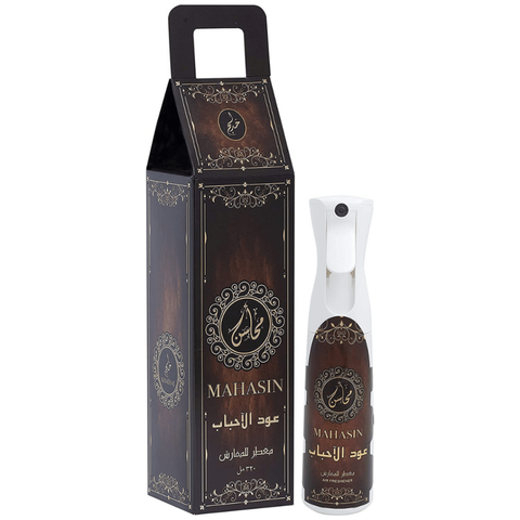 Khadlaj Mahasin Oud Al Ahbaab air freshener bottle, 320 ML, with elegant packaging and Oud scent for refreshing home fragrance.