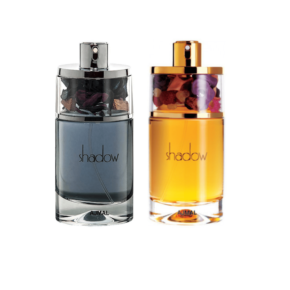 Ajmal Shadow EDP Eau de Parfum couple set, featuring elegant bottles with dark and silver accents, designed for a refined fragrance experience.