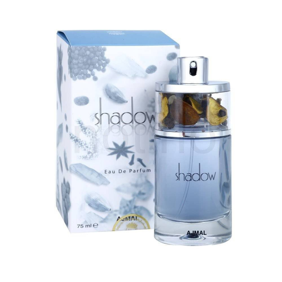 Ajmal Shadow EDP Eau de Parfum couple set with elegant bottles, featuring a rich, sophisticated fragrance for men and women.