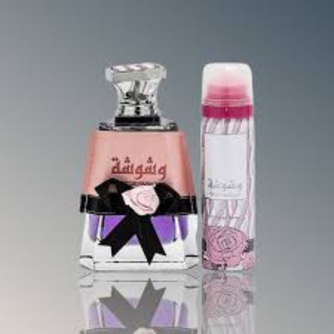 Lattafa Washwashah EDP for Women, 100mL, floral perfume with velvet pouch, elegant bottle, and gold accents.
