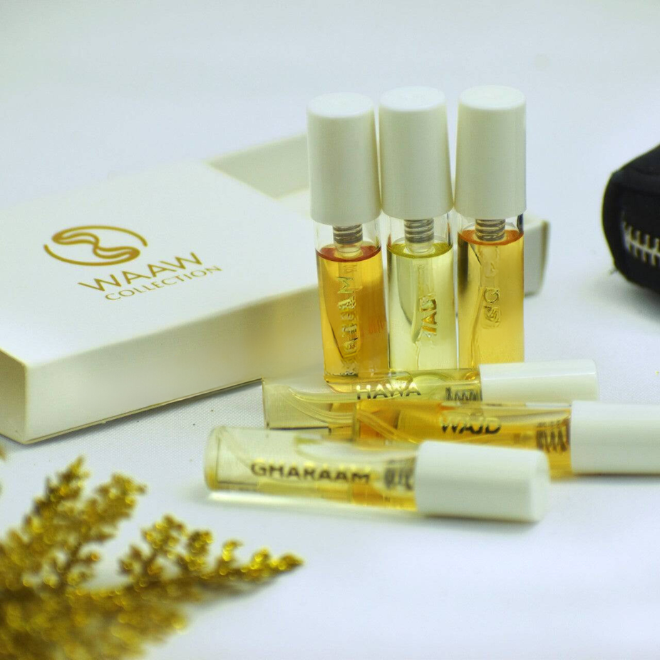 Swiss Arabian Walaa, Ishq, Hawa, Wajd & Gharaam Eau de Parfum sample sprays, 3ml bottles with elegant packaging.
