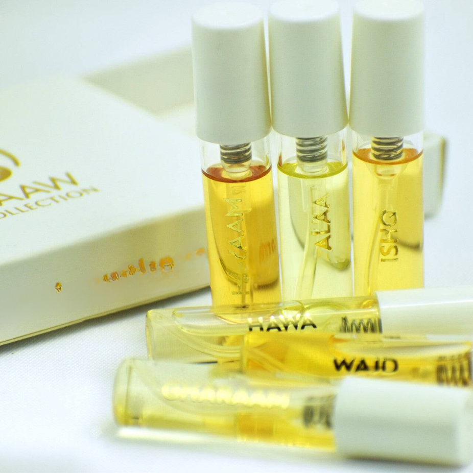 Swiss Arabian Hayaam, Walaa, Ishq, Hawa, Wajd & Gharaam perfume sample sprays in 3ml bottles, featuring floral and oriental scents.