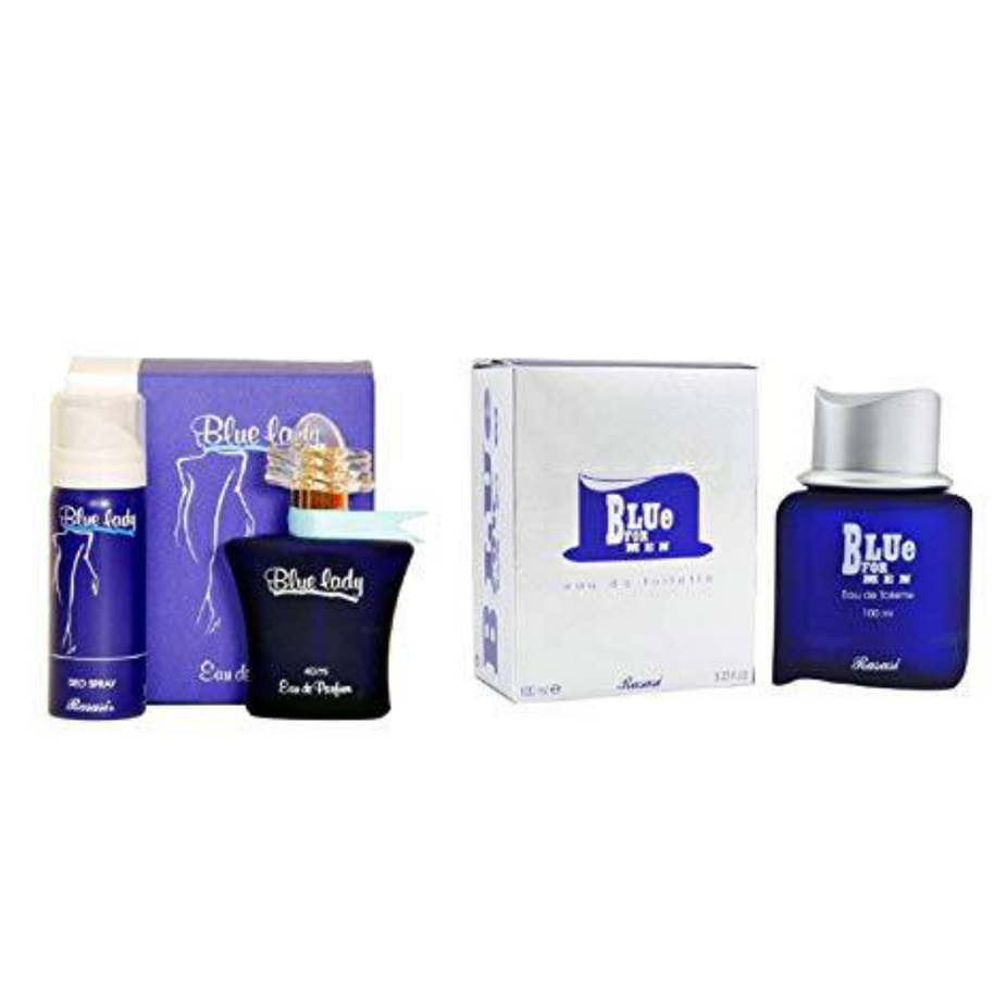 Rasasi Blue Lady and Blue Men couple perfume bundle with deodorant, featuring elegant blue packaging and floral and fresh scent elements.