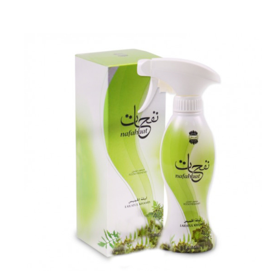 Ajmal Nafahat Lailatul Khamis air freshener in 300 ML bottle with pouch, showcasing the product and packaging.