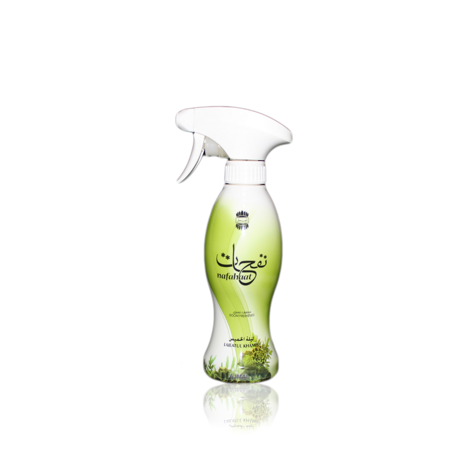 Ajmal Nafahat Lailatul Khamis air freshener in 300 ML bottle with pouch, featuring floral and oriental fragrance details.