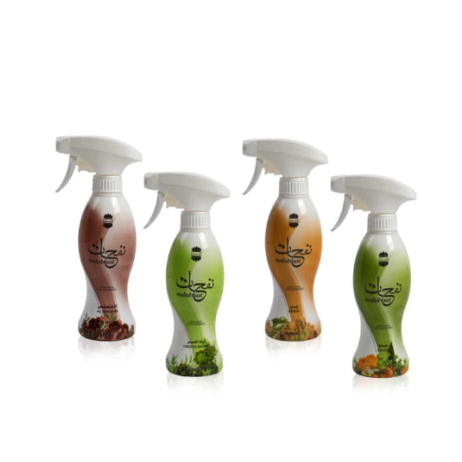 Ajmal Nafahat Lailatul Khamis air freshener bottle with pouch, 300ML, in a sleek design for freshening indoor spaces.