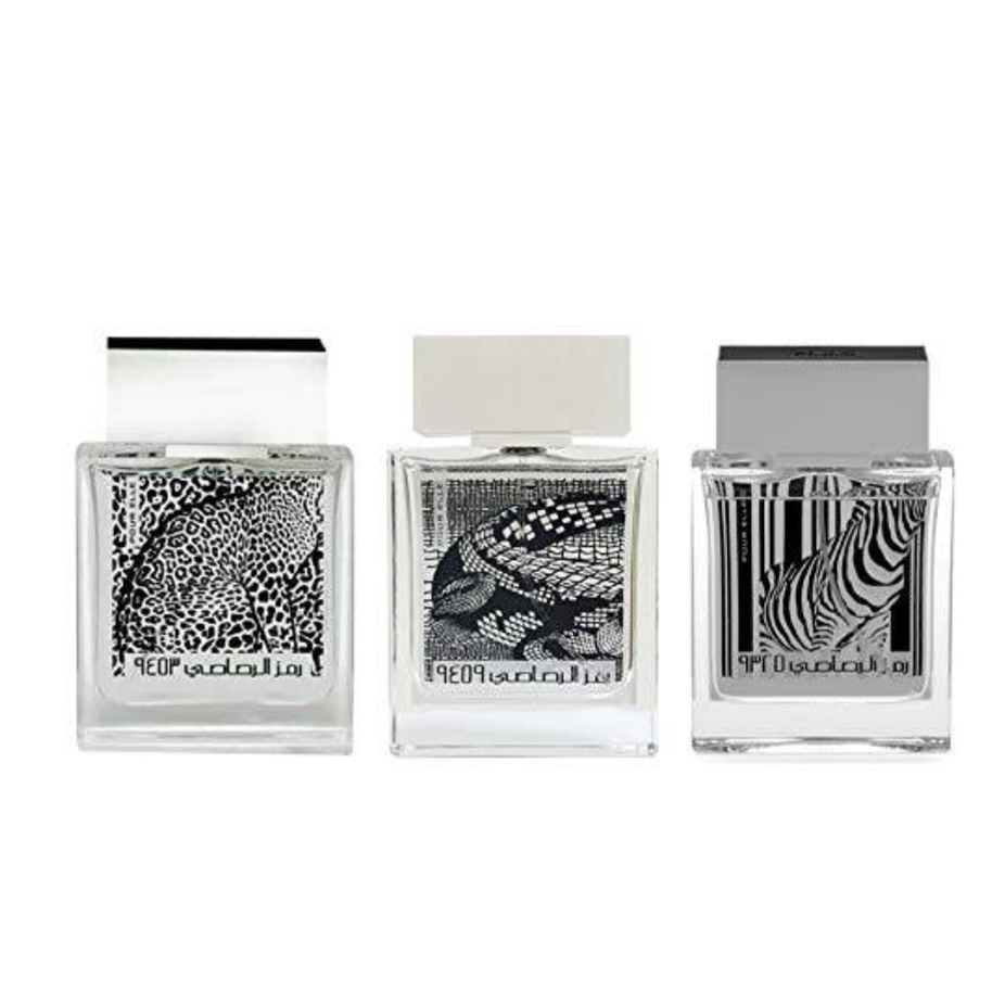 Bundle of Rasasi Rumz Al Rasasi perfumes featuring zebra, leopard, and crocodile designs for women with unique fragrance bottles.