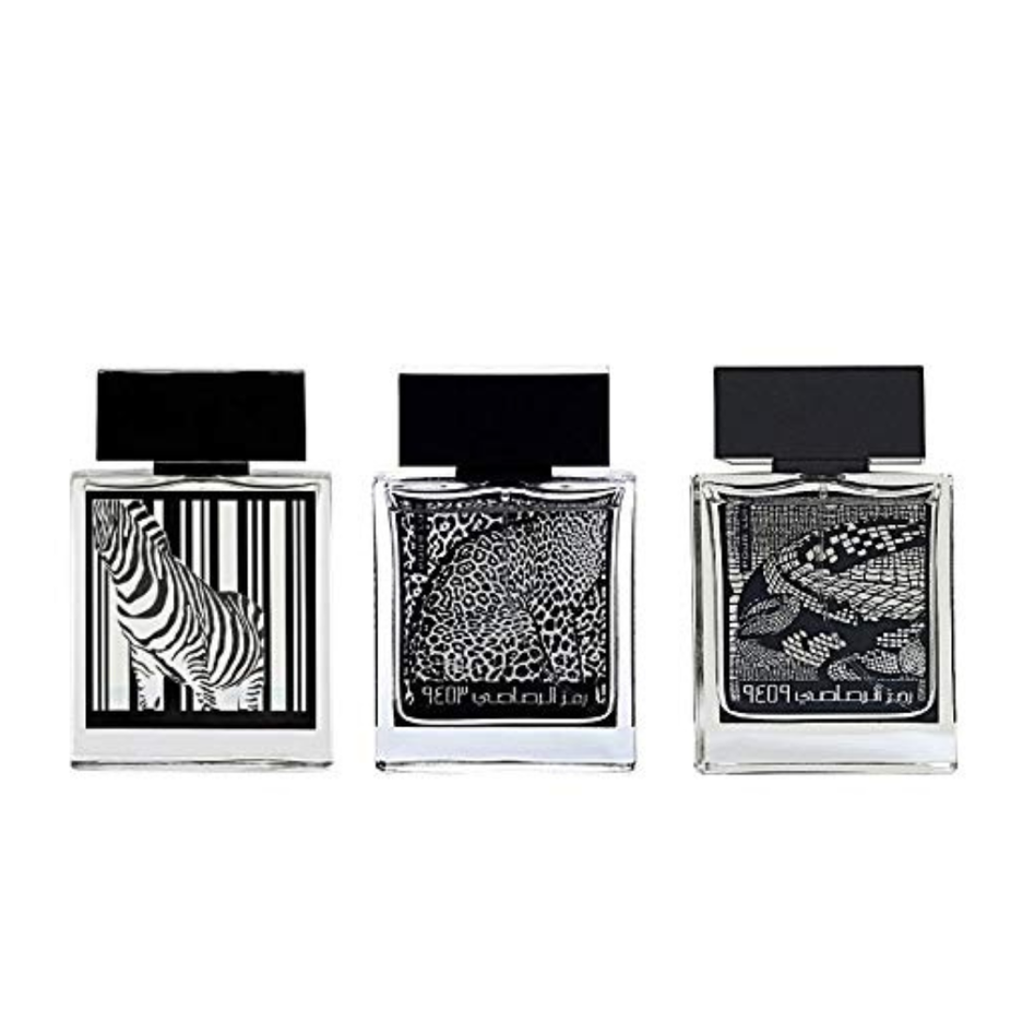 Rasasi Pour Lui men's EDP set with zebra, leopard, and crocodile patterned bottles, featuring Rumz Al Rasasi 9325, 9459, 9453 fragrances