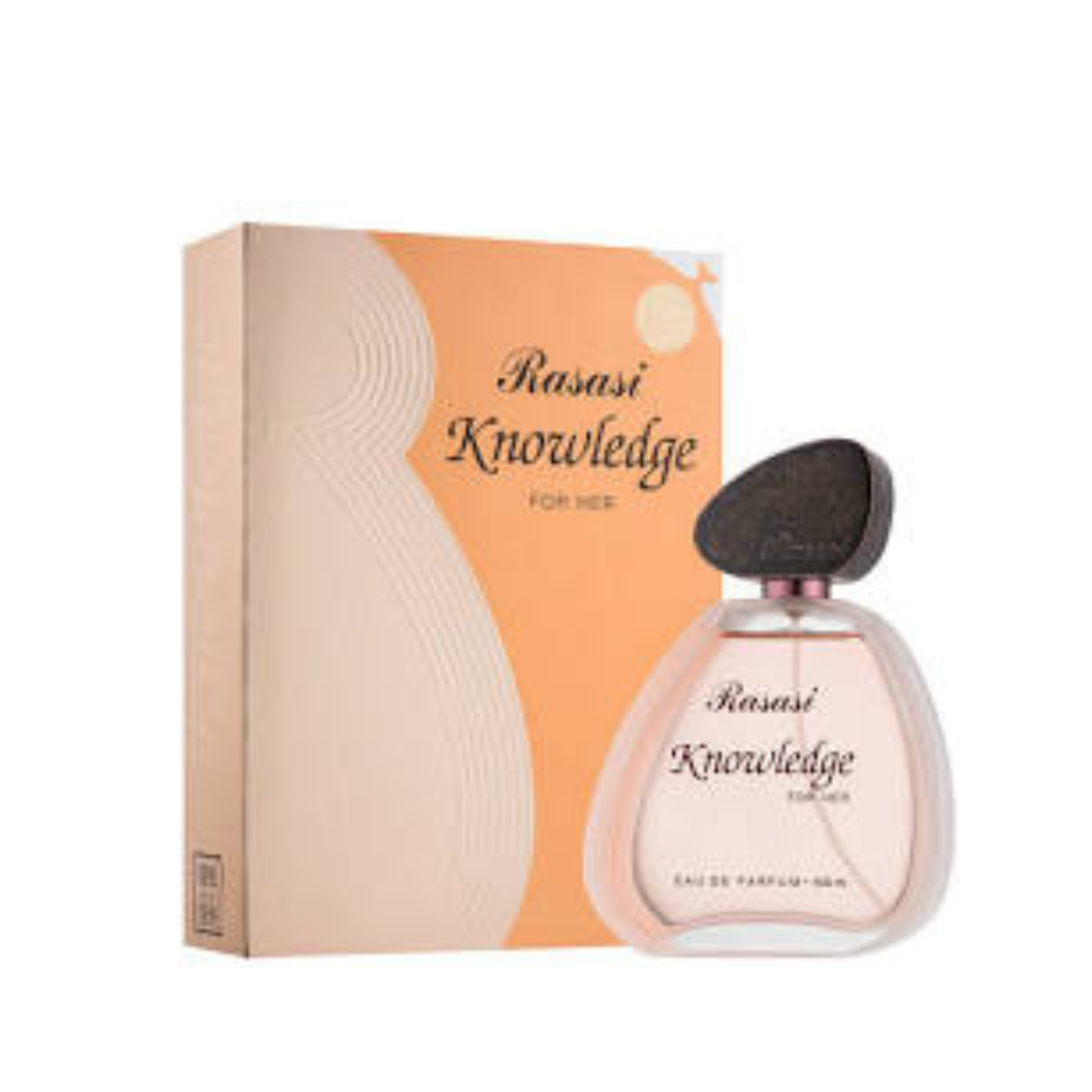 Rasasi Knowledge for Women 100ml Eau De Parfum bottle with pouch, featuring elegant floral and fruity scent notes.