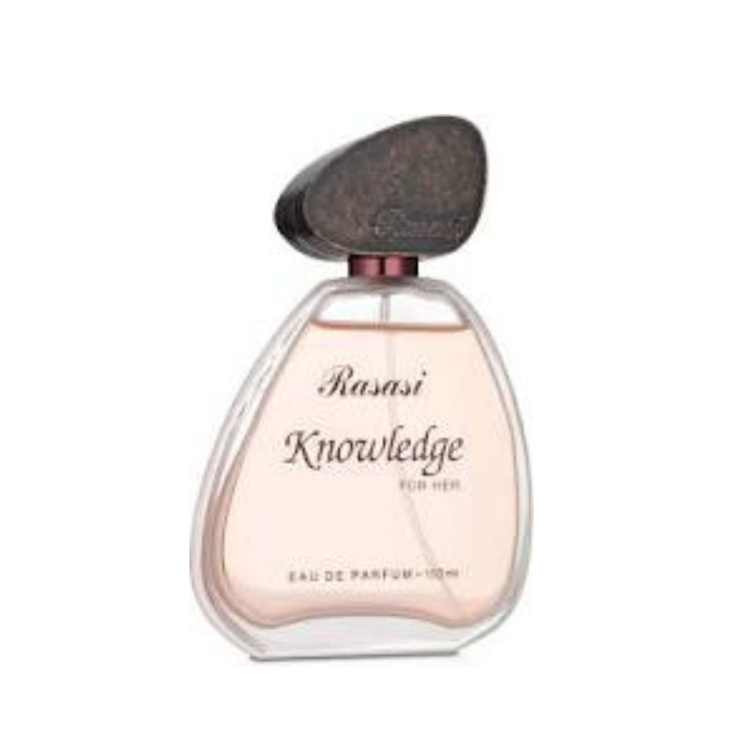 Rasasi Knowledge for Women Eau De Parfum 100 ML with pouch, featuring elegant fragrance bottle and packaging.