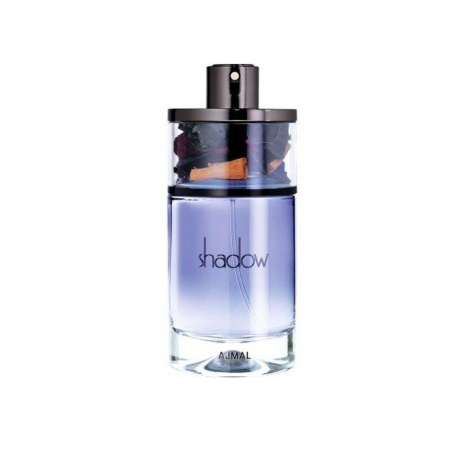Ajmal Shadow for Men 2 EDP 75ml in a velvet pouch, featuring sleek bottle design and elegant packaging.