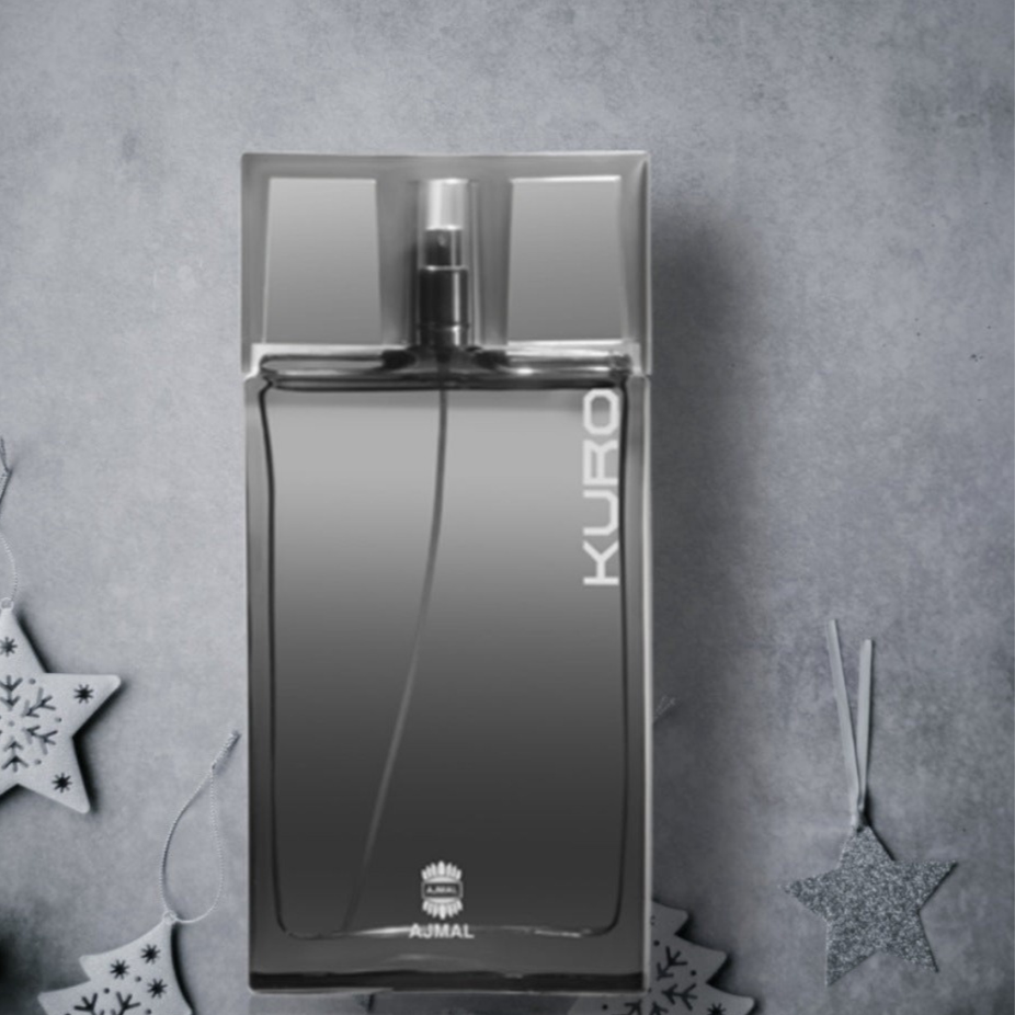 Ajmal Kuro for Men EDP 90ml with velvet pouch, featuring sleek bottle and elegant packaging in a modern design.