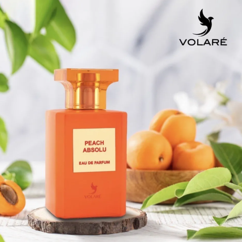 Volare Peach Absolu Eau De Parfum 100ml bottle with elegant peach-colored liquid and sleek design.