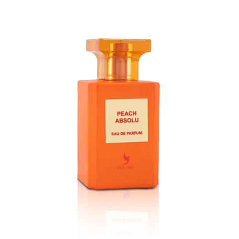 Volare Peach Absolu Eau De Parfum 100ml bottle, featuring a peach-colored liquid and elegant packaging.