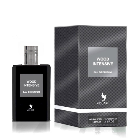 Volare Wood Intensive Eau De Parfum 100ml bottle, featuring a sleek wooden cap and elegant glass design.