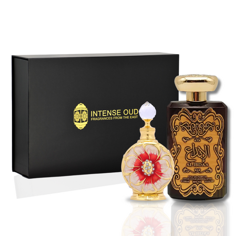 Al Ibdaa Gold EDP-100ML & Layali Rouge Perfume Oil - 15 ML With Magnetic Box - Intense Oud