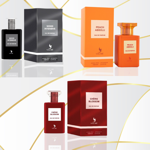Volare Peach Absolu Cherie Blossom & Wood Eau de Parfum 100ml bottle with elegant floral and woody design on the packaging