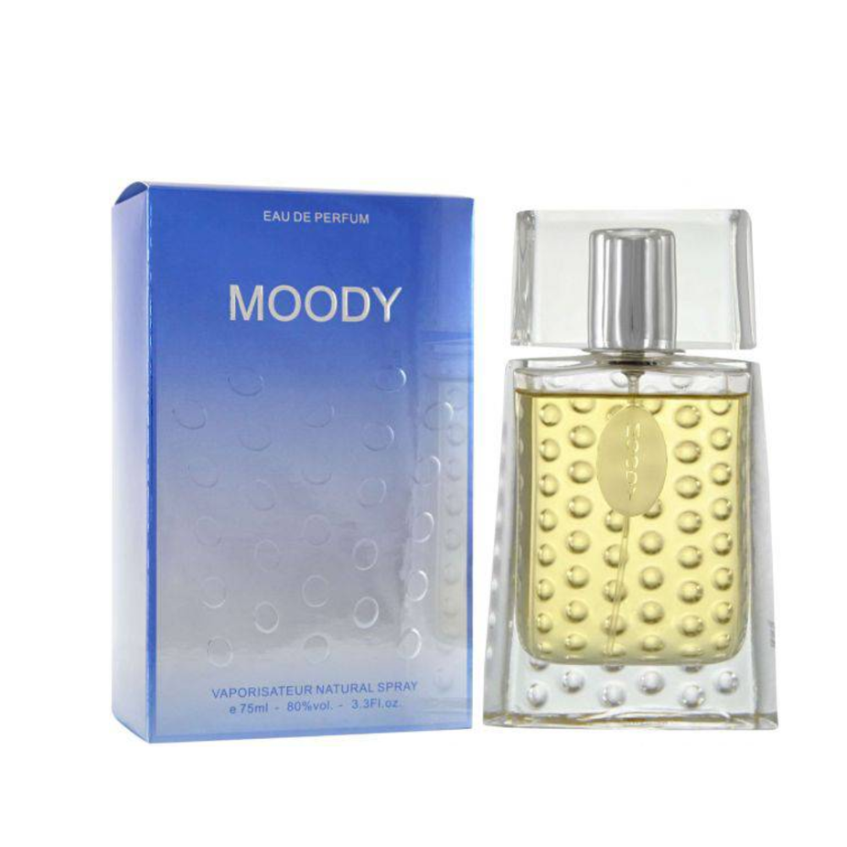 Arabian Oud Moody EDP Eau De Parfum 75 mL bottle with elegant design and fragrance details visible.