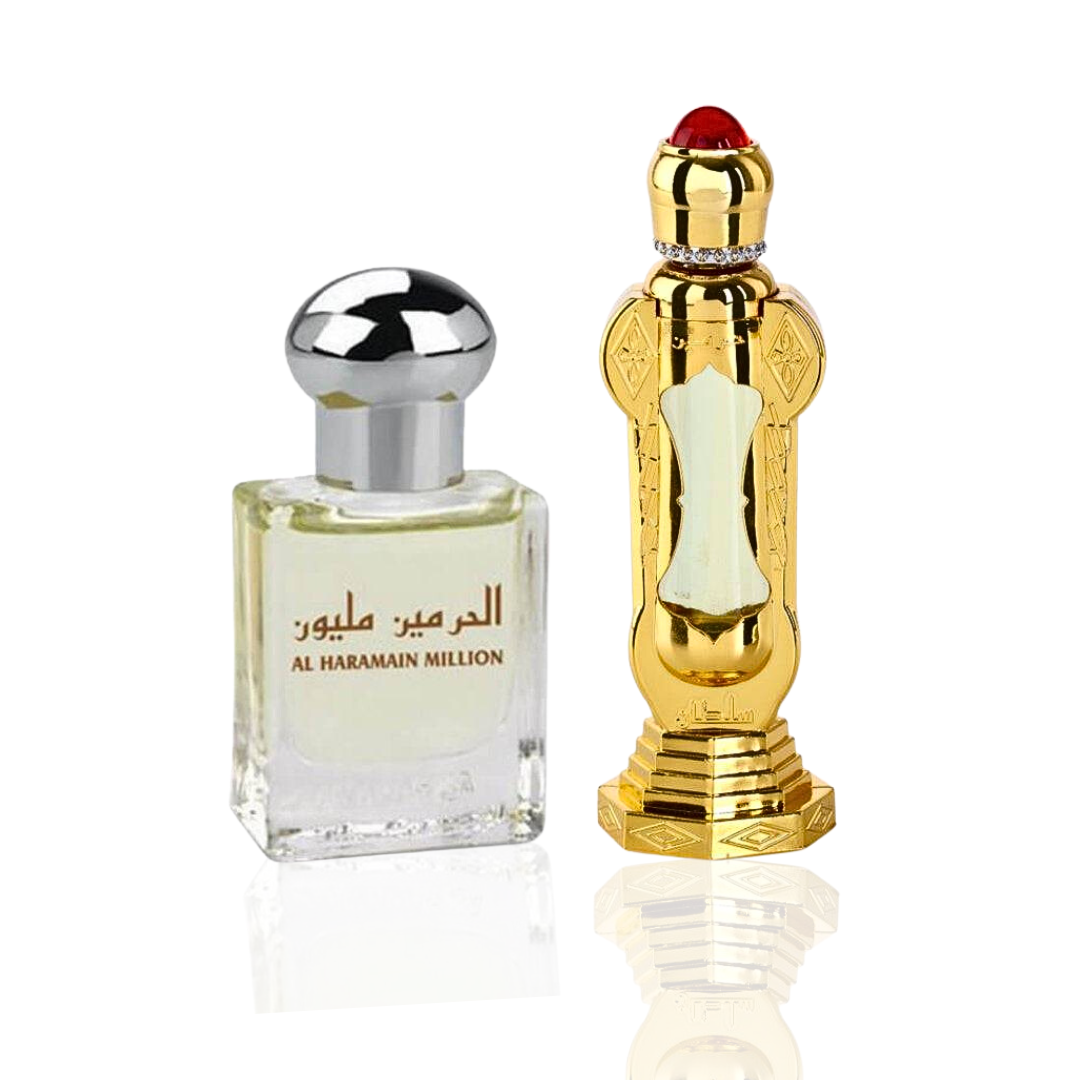Al Haramain Million and Sultan concentrated perfume oils in 15ml and 12ml bottles, showcasing elegant packaging and branding.