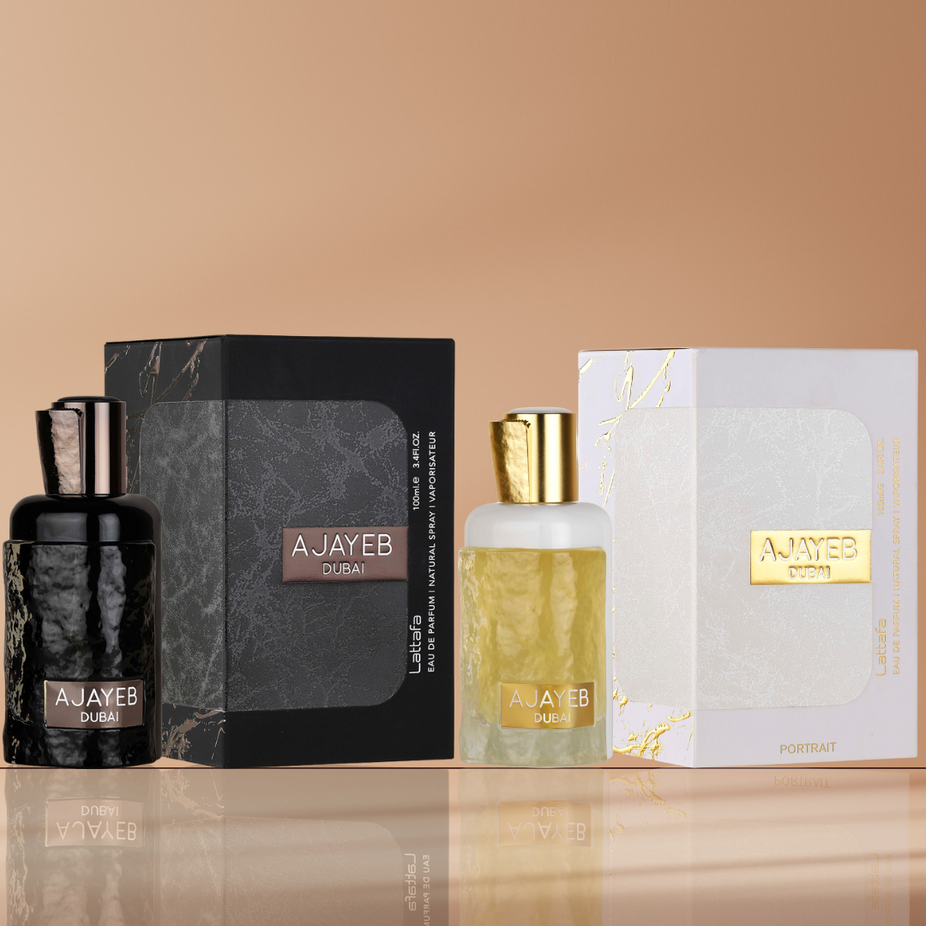 Lattafa Ajayeb Dubai Eau De Parfum 100ml bottle with elegant design, showcasing the luxurious fragrance and branding.