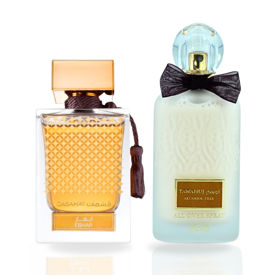 Rasasi Qasamat Ebhar EDP 65ML and Tawahuj All Over Spray 100ML bundle, alcohol-free fragrances with elegant bottles.