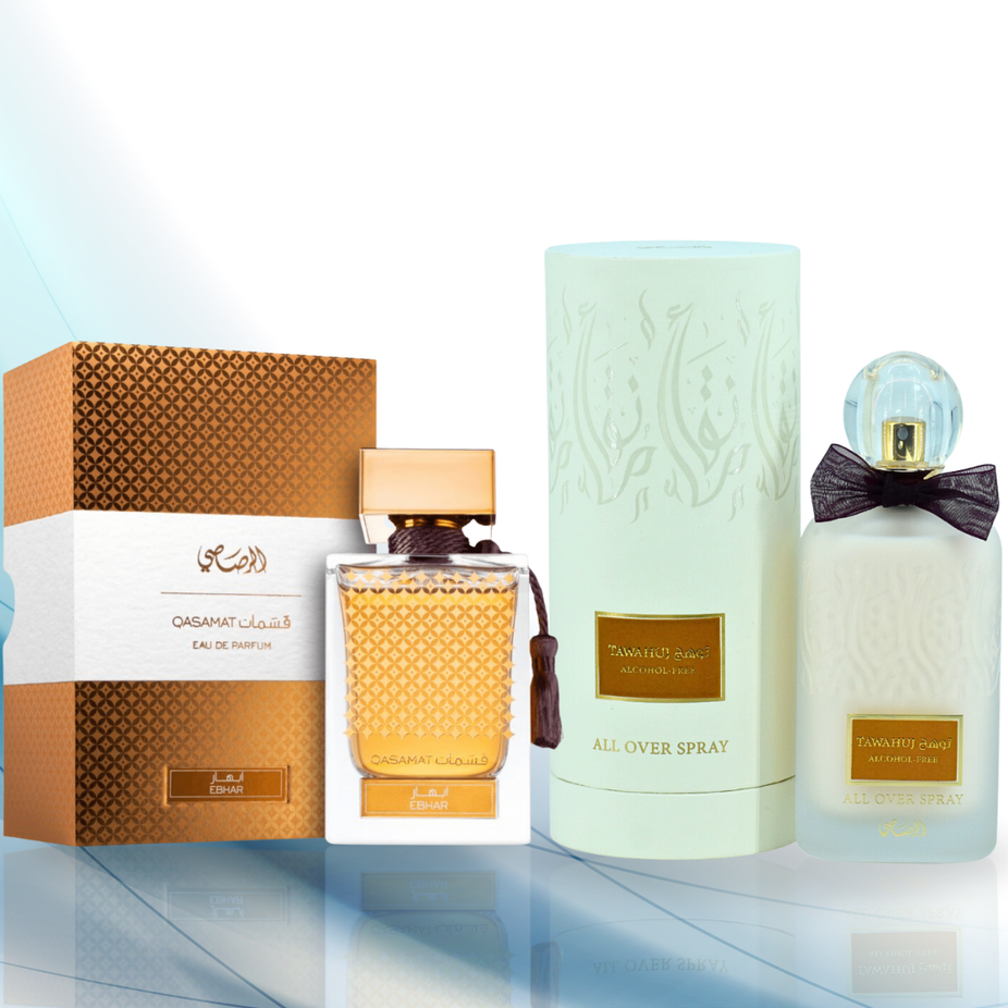 Rasasi Qasamat Ebhar EDP 65ML and Tawahuj all-over spray 100ML bundle, alcohol-free fragrances displayed side by side.