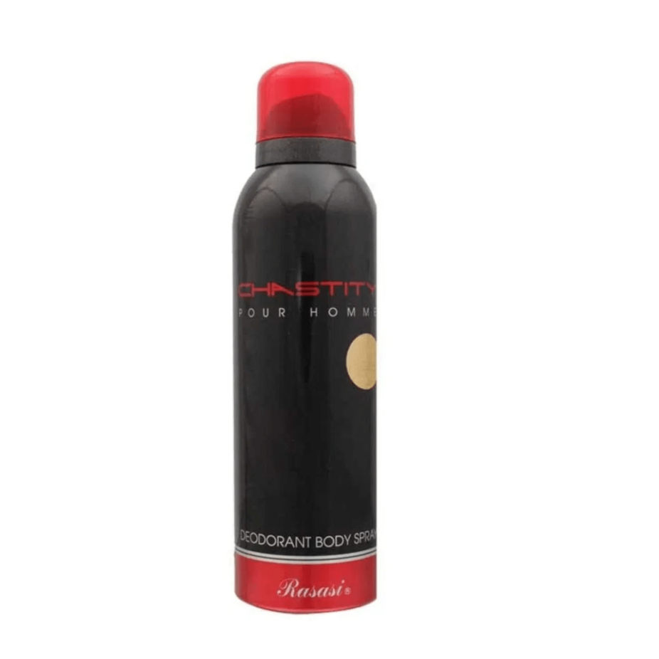 Rasasi Chastity for Men deodorant spray, 200ML bottle with sleek design, fresh scent, and masculine branding.