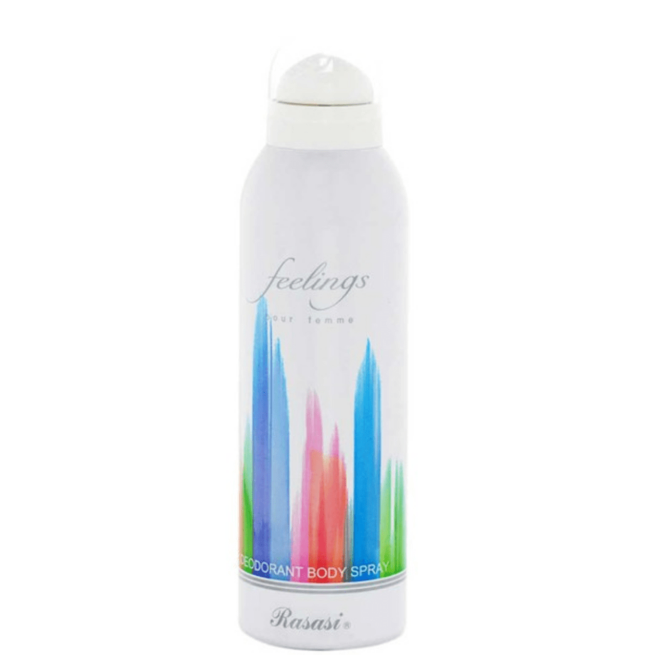 Rasasi Feelings for Women deodorant spray, 200ML, featuring elegant packaging and a floral scent bottle.