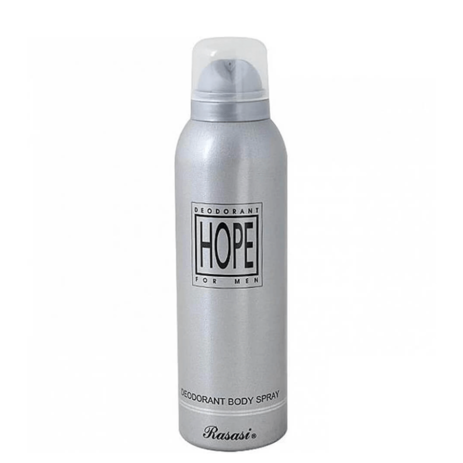 Hope for Men Rasasi deodorant spray bottle, 200ml, with sleek packaging and clear branding, designed for men’s fresh scent.