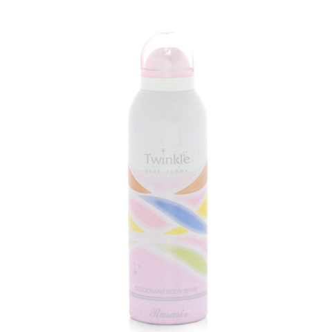 Rasasi Twinkle for Women deodorant spray bottle, 200ML, with a sleek design and floral accents.