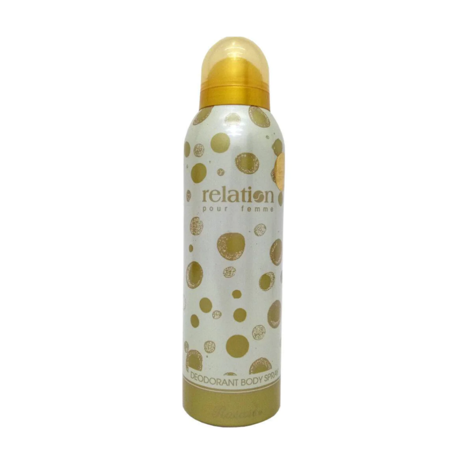 Rasasi Relation for Women deodorant spray, 200ML, with floral and fresh scent, in a sleek white aerosol can.