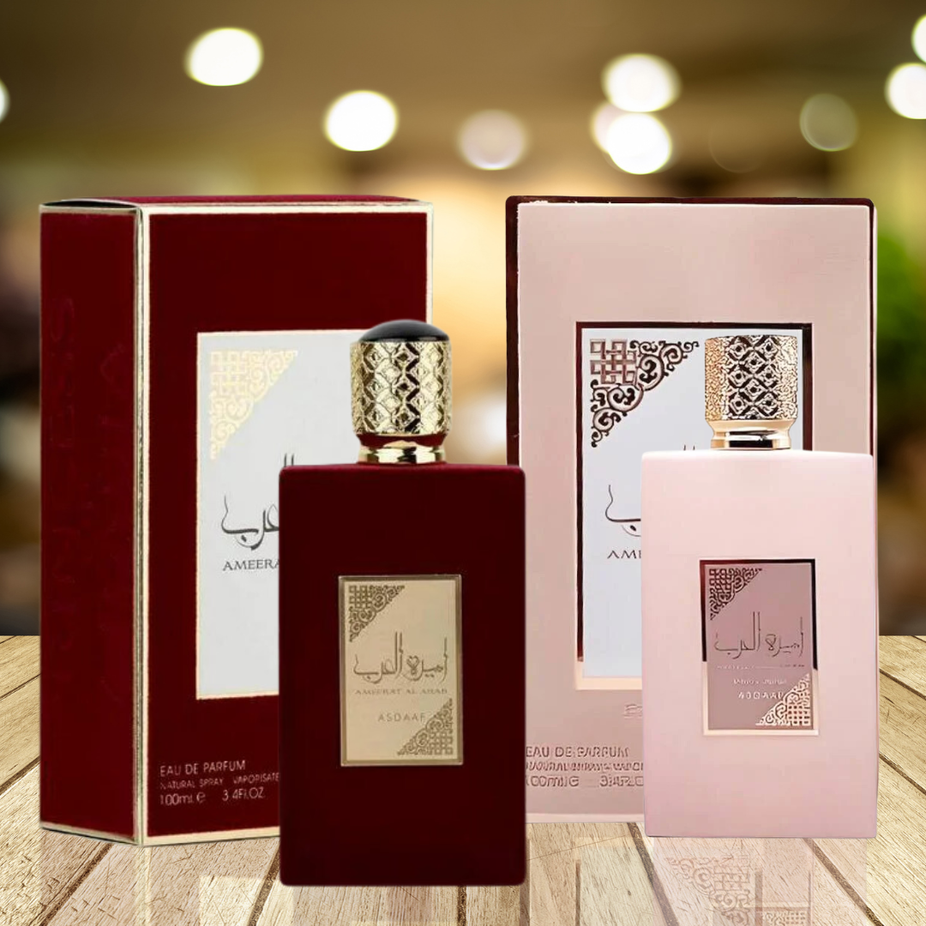 A bundle of Ameerat Al Arab Prive Rose and Ameerat Al Arab EDP 100ML perfume bottles by Asdaaf, with elegant packaging.